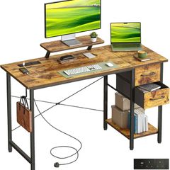 Computer Desk with Drawers Power Outlets 100x50cm Home Office Monitor Stand Gaming Table Reversible Storage Shelf Hook Small PC Workstation for Study Work Write Brown