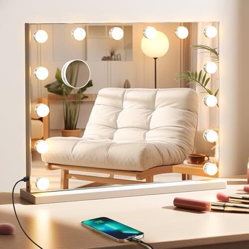 Vanity Mirror with Lights, 50x42cm Lighted Makeup Mirror for Tabletop/Wall Mounted with 14 Led Dimmable Bulbs, USB Cable, Touchscreen