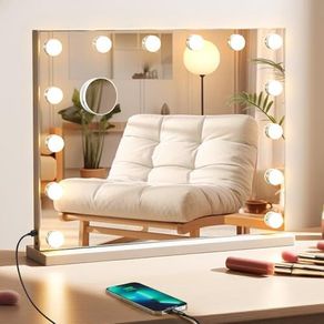 Vanity Mirror with Lights, 50x42cm Lighted Makeup Mirror for Tabletop/Wall Mounted with 14 Led Dimmable Bulbs, USB Cable, Touchscreen