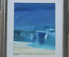Tony Black Framed Print Moored Boats Before a Lighthouse
