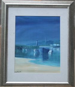 Tony Black Framed Print Moored Boats Before a Lighthouse