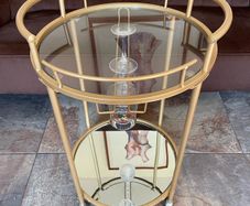 Art Deco Style Gilt Metal Round Drinks Trolley with 2 Glass Shelves One Mirrored on Casters