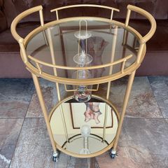 Art Deco Style Gilt Metal Round Drinks Trolley with 2 Glass Shelves One Mirrored on Casters