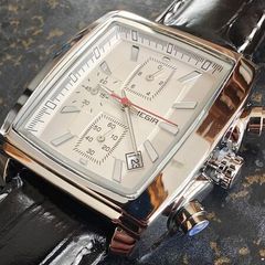 Mens Casual Chronograph Watch Black - Stylish Rectangle White Dial With Leather Strap