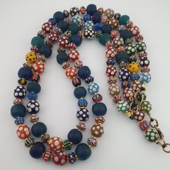 Antique Venetian African Style MultiColor Polka Dotted & Chevron Glass Beads Necklace