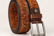 Unisex Genuine Leather Belt Vintage Embossed Design with Antique Buckle Casual &amp; Formal Waist Belt