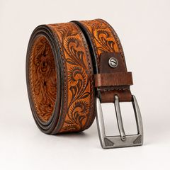 Unisex Genuine Leather Belt Vintage Embossed Design with Antique Buckle Casual & Formal Waist Belt