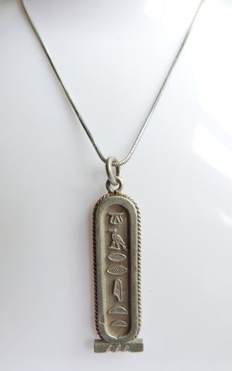 Vintage 925 Sterling Silver Egyptian Cartouche Design Charm pendant Hallmarked, and chain L 16" - 14,83g