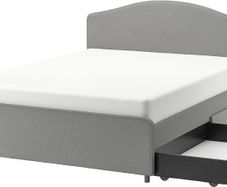 HAUGA upholstered bed, 2 storage boxes and firm mattress, Vissle grey