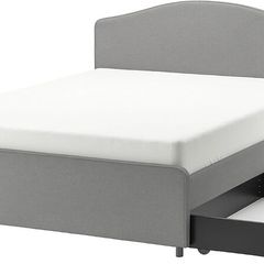 HAUGA upholstered bed, 2 storage boxes and firm mattress, Vissle grey