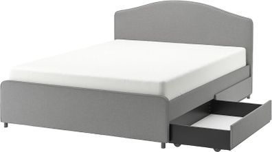 HAUGA upholstered bed, 2 storage boxes and firm mattress, Vissle grey