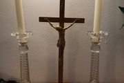 Crucifix + Pair of Glass Candlesticks