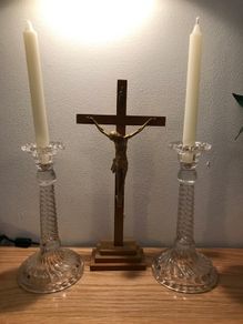 Crucifix + Pair of Glass Candlesticks