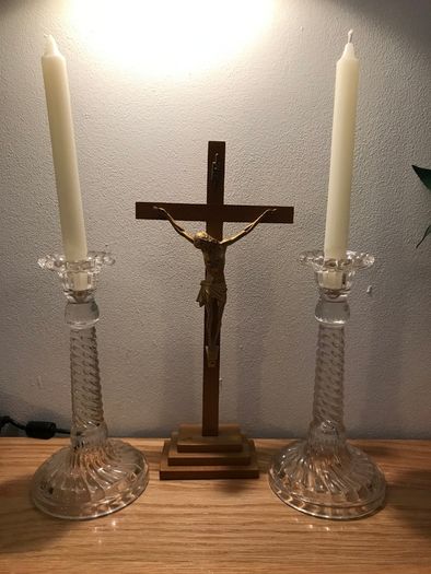 Crucifix + Pair of Glass Candlesticks