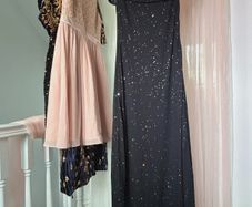 Off-Shoulder Crystal-Embellished Starry Mesh Long Evening Gown