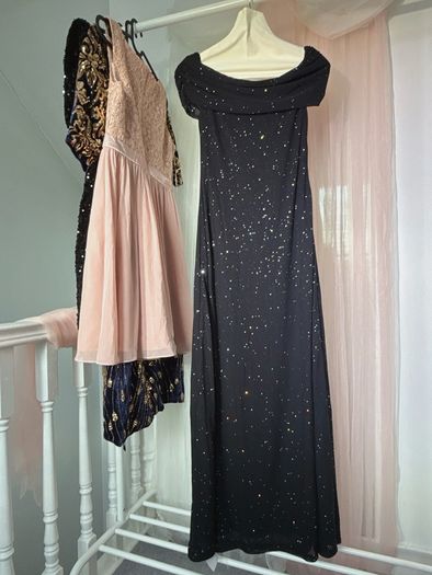 Off-Shoulder Crystal-Embellished Starry Mesh Long Evening Gown
