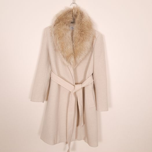 Zara Beige Cream Faux Fur Collar Belted Wrap Long Wool Coat Size L