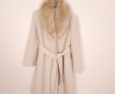Zara Beige Cream Faux Fur Collar Belted Wrap Long Wool Coat Size L