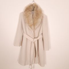 Zara Beige Cream Faux Fur Collar Belted Wrap Long Wool Coat Size L