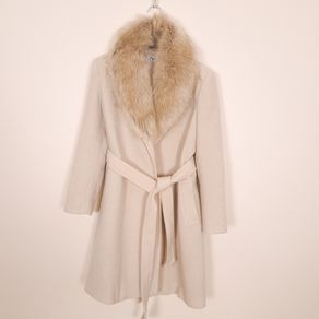 Zara Beige Cream Faux Fur Collar Belted Wrap Long Wool Coat Size L