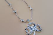 Elegant 925 Sterling Silver Four-Leaf Clover Pendant Blue &amp; White Zirconia Stones