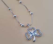 Elegant 925 Sterling Silver Four-Leaf Clover Pendant Blue & White Zirconia Stones