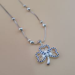 Elegant 925 Sterling Silver Four-Leaf Clover Pendant Blue & White Zirconia Stones