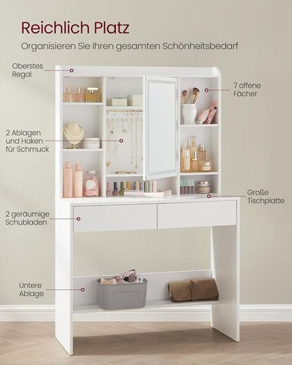 Led Dressing Table with Lighting, Mirror with LED, 2 Drawers with Adjustable Shelves 3 Colours with Adjustable Brightness White