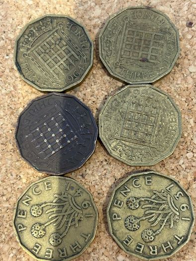 British threepence coins x 6 (threepenny bit)
