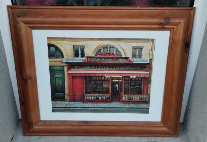 Framed Picture - "P.Legrand Confiserie" With Deep Red Colour & Wide Wood Surround