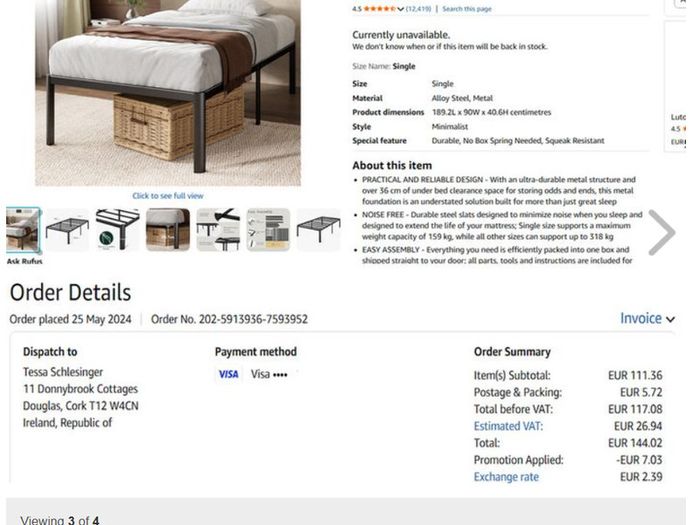 Twin bed, quite high, to store things underneath