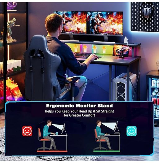 120x50cm Gaming Desk with LED Lights & Power Outlets,Black Storage Shelves, Dual Monitor Stand, Home Office & Study, Work from Home, Bedroom, Small Spaces, Dorm, Space-Saving, Students