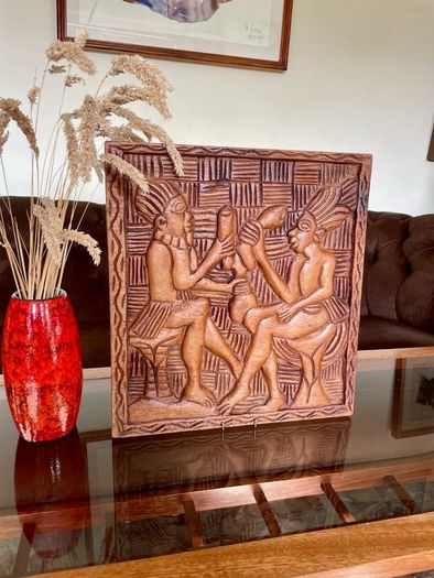 Vintage Hand Carved Deep Relief Large Wooden Wall Art Panel Tribal Village Scene Story Board