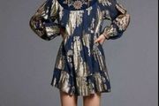 Reduced Gorgeous Zara Bloggers Insta Famous Navy &amp; Gold Contrast Velvet &amp; Embroidered Metallic Thread Tunic Dress   Size XL UK 14