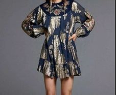 Reduced Gorgeous Zara Bloggers Insta Famous Navy & Gold Contrast Velvet & Embroidered Metallic Thread Tunic Dress   Size XL UK 14