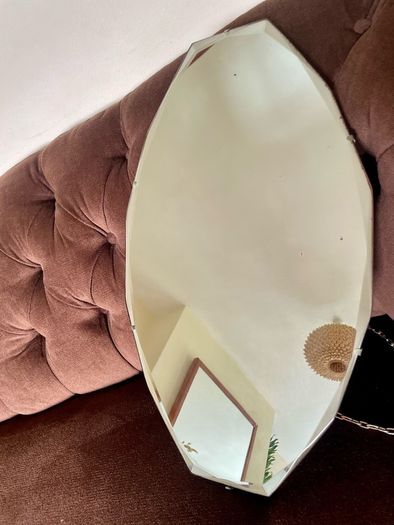 Petite Oval Bevelled Early 20th Century Frameless Mirror with Original Chain