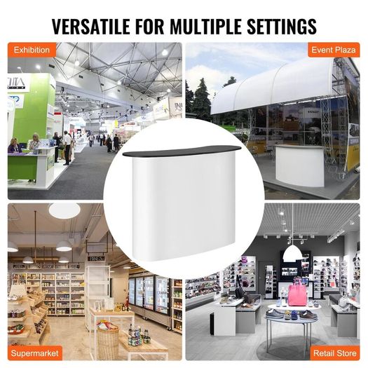 Portable Tradeshow Podium Table, 130 x 46,5 x 95 cm, Display Exhibition Counter Stand Booth Fair with Wall, Foldable Promotion Retail Bar Table Pop Up Podium with Storage Rack, Carrying Bag