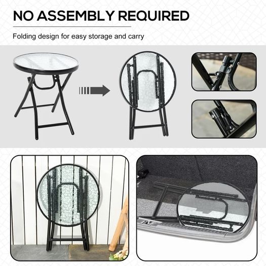 NEW SALE | 45CM Garden Round Table Foldable Dining Table with Safety Buckle Glass Tabletop Metal Covered Edge for Patio Garden Outdoor Indoor Space