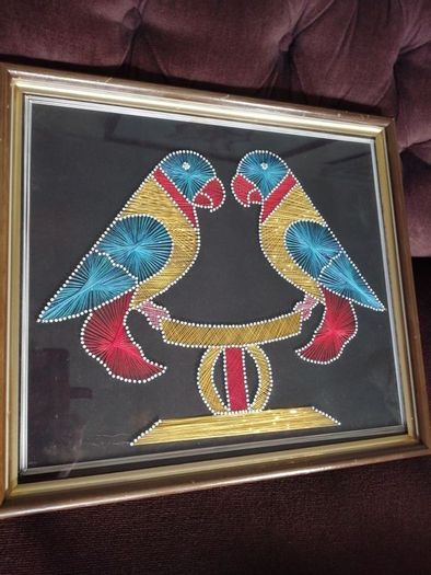 Good sized Vintage Framed String Art Two Love Birds