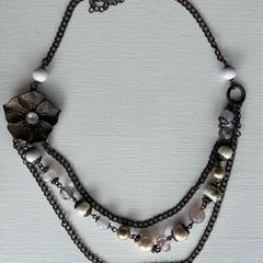 Vintage Bronze Multi-Strand Flower & Pastel Beaded Statement Necklace