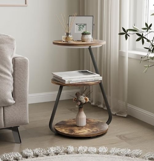 Small Round Coffee Table with 3 Color LED Lights, End Table with 3 Tier Storage Shelves, Bedside Sofa Side Tables for Living Room Bedroom, Rustic Brown