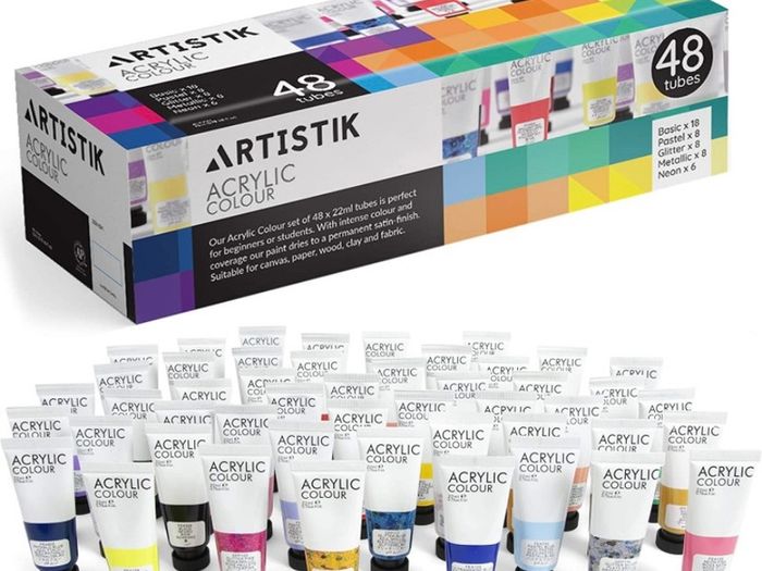48 Piece Set (48 x 22ml) Tubes in Rich Vibrant Colours - High-Pigment, Satin-Finish Basic, Neon, Pastel, Metallic & Glitter Colours for Painting Canvas, Paper, Wood, Clay, Fabric (FREE POSTAGE)