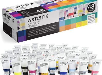 48 Piece Set (48 x 22ml) Tubes in Rich Vibrant Colours - High-Pigment, Satin-Finish Basic, Neon, Pastel, Metallic & Glitter Colours for Painting Canvas, Paper, Wood, Clay, Fabric (FREE POSTAGE)