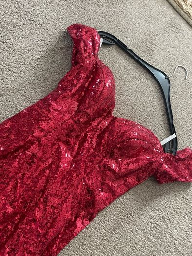 Red sequin off shoulder debs dress