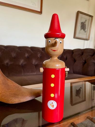 Vintage Tall Wooden Pinocchio Coin Bank with Lock and Keys Red Hand Painted Italy 29 cm