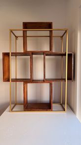 Modern Wooden & Gold Wall Shelf / Display Unit