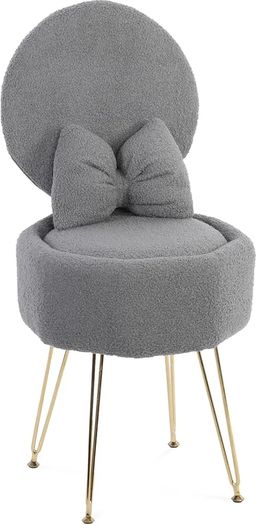 Plush Flannel Vanity Stool with Bowknot Backrest & Storage, Foldable Back Makeup Chair with Cushioned Seat & Metal Legs, Soft Dressing Table Stool for Bedroom, Home Decor, Grey