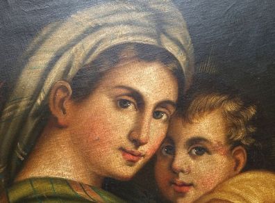 Antique Oil Painting, Old Master, Circa 1720, Madonna and Child. High Renaissance Style Madonna Canvas, After Raphael