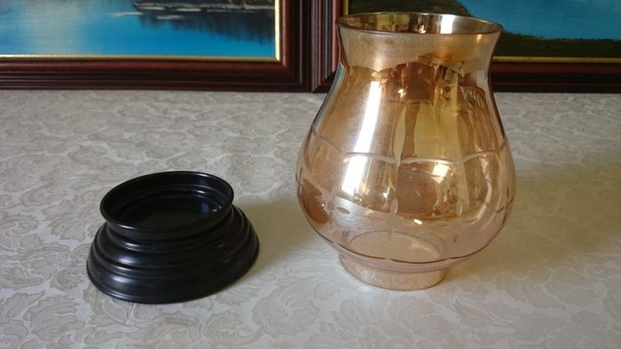 Vintage Etched Amber Glass Hurricane Lamp With Black Base Stand