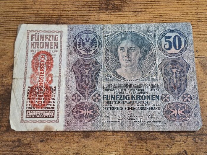 Austria-Hungary, 50 Kronen banknote, 2 January 1914, circulated, with overprint - free standard postage